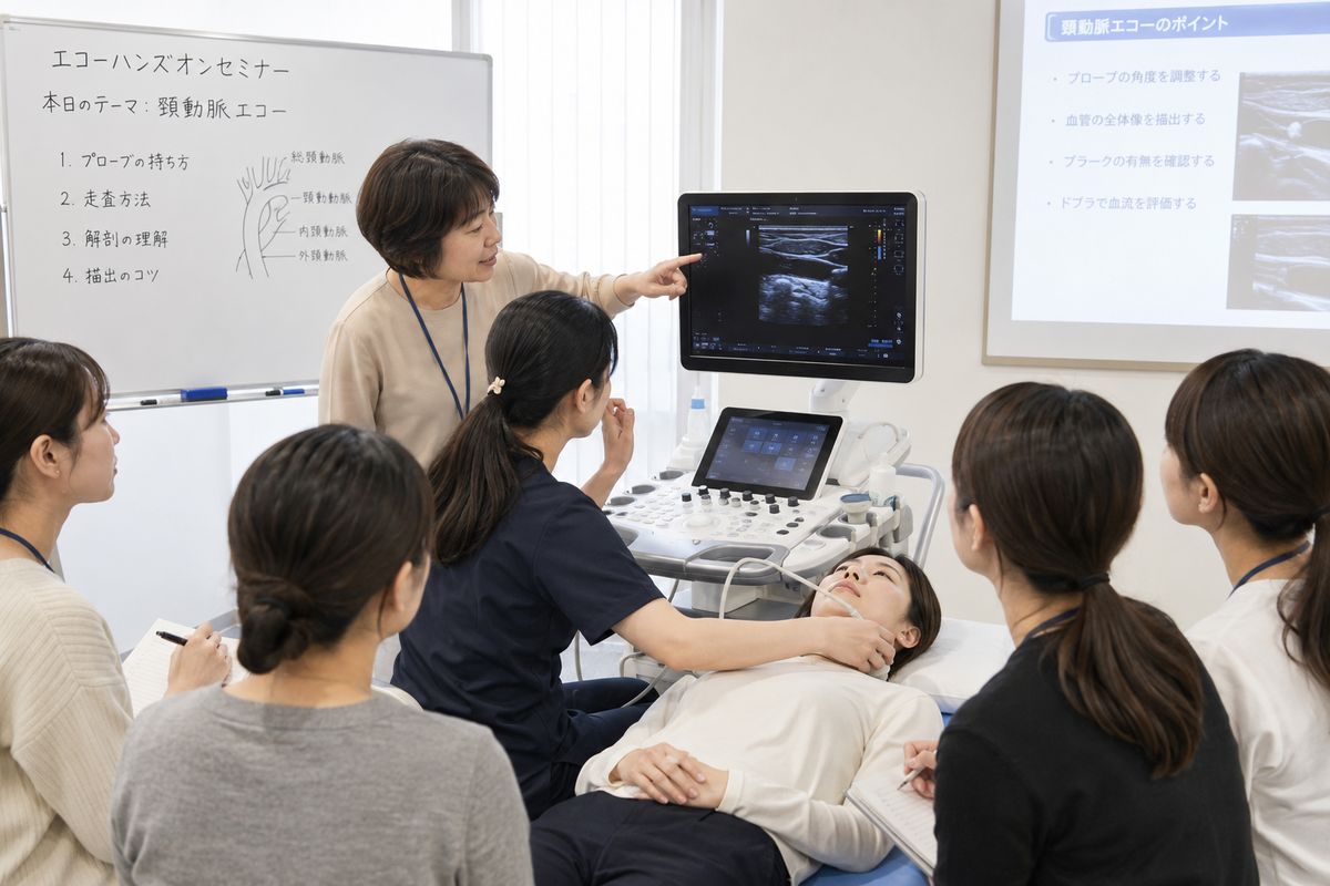 超音波検査のハンズオン指導の様子